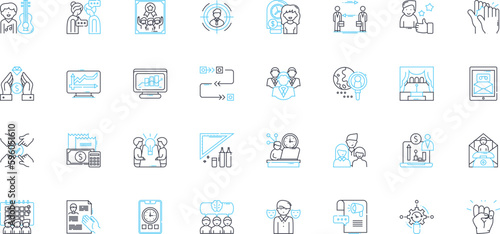 Executive session linear icons set. Confidentiality, Pivotal, Secrecy, Impersonal, Obstruction, Decisions, Authority line vector and concept signs. Pinpoint,Hush-hush,Private outline illustrations