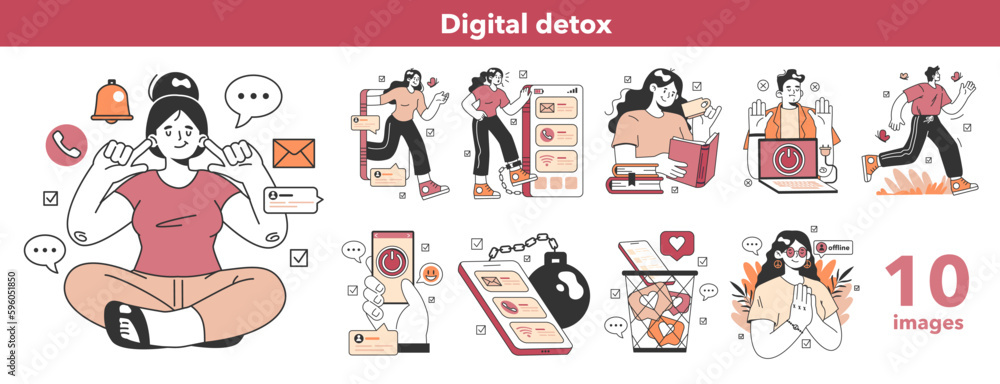 Digital detox set. Female and male haracter taking a break from digital device Digital detox set. Female and male haracter taking a break from digital device