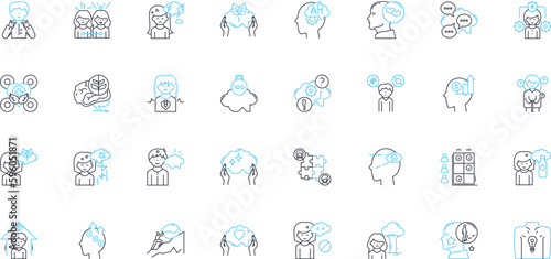 Emotional intelligence linear icons set. Empathy, Self-awareness, Self-regulation, Motivation, Social skills, Communication, Mindful line vector and concept signs. Introspection,Compassion,Emotional