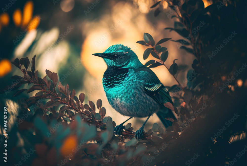 Exotic bird standing on a branch, bird and nature background. Created using Generative AI technology.