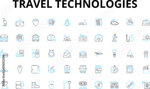 Travel technologies linear icons set. Geolocation, E-ticketing, Virtual reality, Mobile booking, Loyalty, Wi-Fi, Artificial intelligence vector symbols and line concept signs. Augmented reality,Big