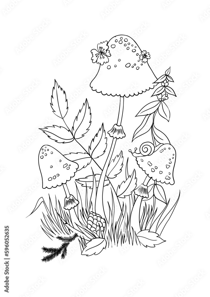 Fairy tale mushroom coloring page line illustration Fairy tale mushroom coloring page line illustration