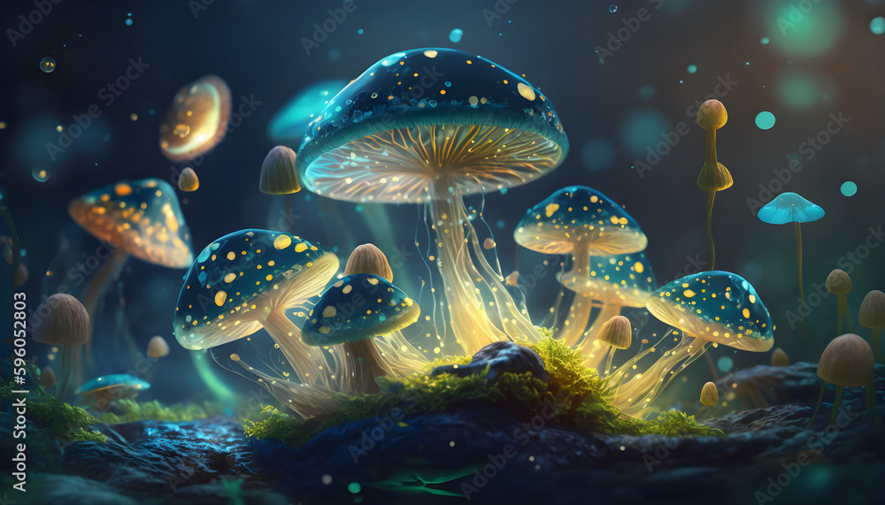 Magical mushrooms in dark mystery forest - obrazy, fototapety, plakaty 