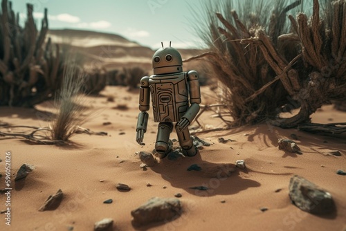 Fotografie, Tablou Stranded android in arid landscape. Generative AI