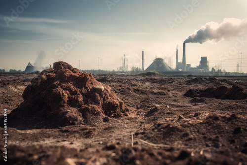 view of a barren desert landscape with a factory in the background emitting smoke and pollution, representing the environmental destruction caused by human activity.