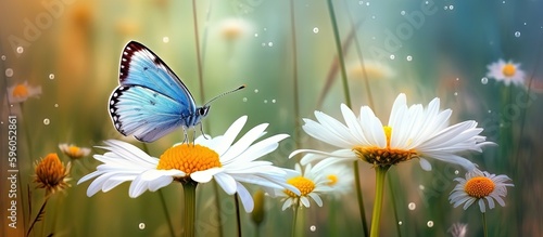 spring white daisy flowers blossom field with blue butterfly banner background, Generative Ai
