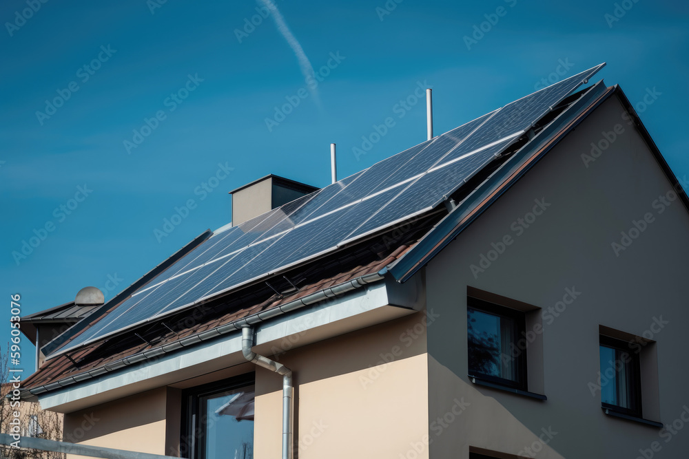 Green energy source: Solar panels on the rooftop of a modern house.