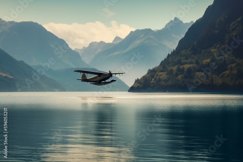 A mountainous landscape with a seaplane gracefully touching down on the tranquil, blue waters. Generative AI photo