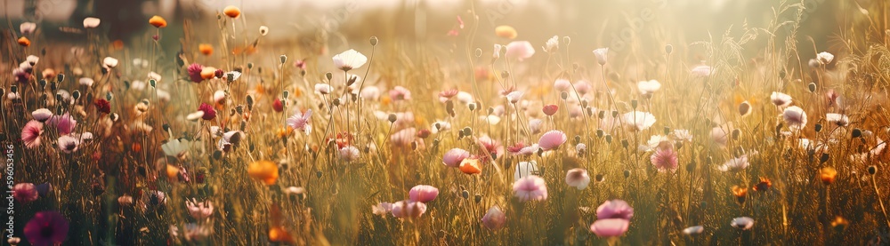 summer and spring flower grass field, wildflower field, Generative Ai - obrazy, fototapety, plakaty 
