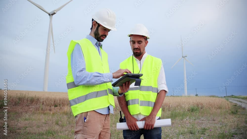 Two windmill engineers using a tablet device inspect the turbine together. Renewable energy technicians talking about the planification of the efficiency and security of the generator construction Two windmill engineers using a tablet device inspect the turbine together. Renewable energy technicians talking about the planification of the efficiency and security of the generator construction