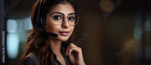 Call center, middle eastern young woman and smile in contact us with CRM, headset with mic. Customer service consultant, happy female and telemarketing with sales and help desk. Generative AI photo