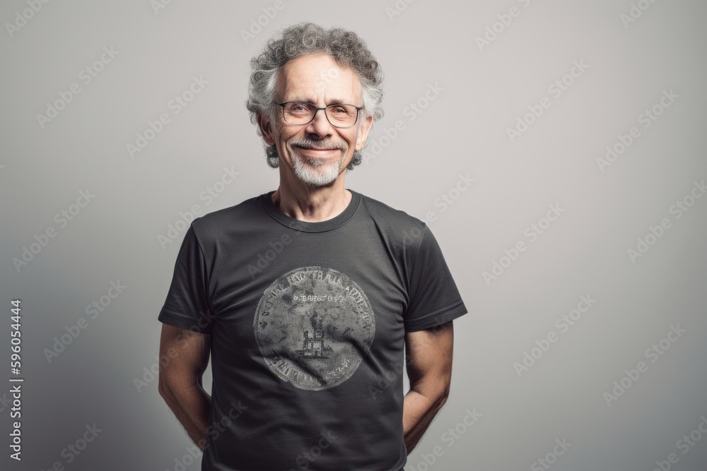 Full-length portrait photography of a satisfied man in his 50s wearing a fun graphic tee against a white background. Generative AI