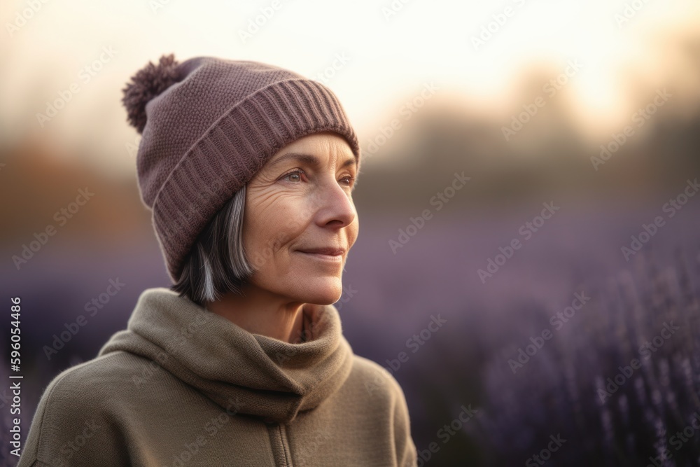 Portrait of a senior woman in a lavender field at sunset Portrait of a senior woman in a lavender field at sunset