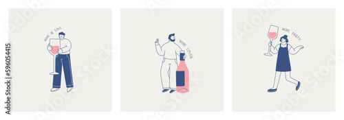 A set of illustrations of cute characters with huge glasses and bottles of wine. Lettering - wine this love, wine lover.and a wine party. For the design of postcards, posters or invitations.