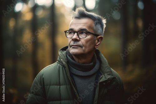 Portrait of mature man with eyeglasses in the autumn forest