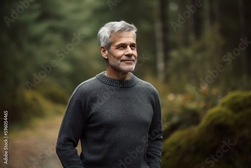 Portrait of a handsome middle-aged man in the forest.