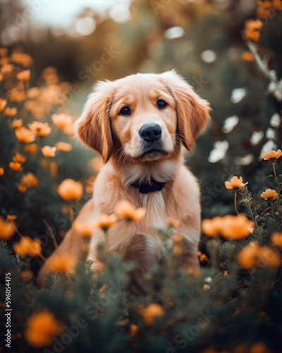 Portrait of a golden retriever dog in a field of flowers 
