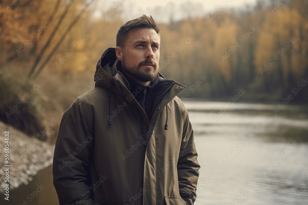 Portrait of a bearded man in a jacket on the river bank Portrait of a bearded man in a jacket on the river bank