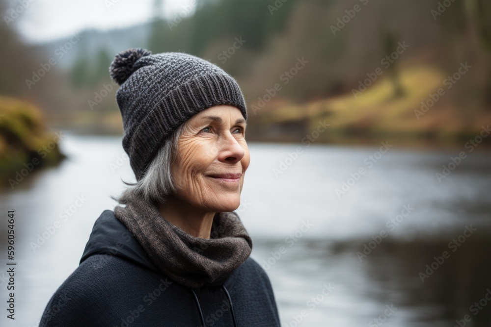 Portrait of a happy senior woman standing in front of a river Portrait of a happy senior woman standing in front of a river