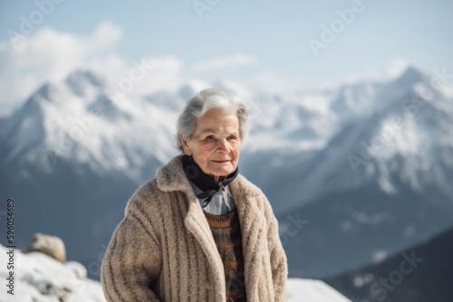 Portrait of a senior woman on the background of snowy mountains.