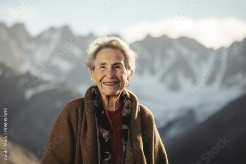 Portrait of smiling senior woman standing in mountains, looking at camera