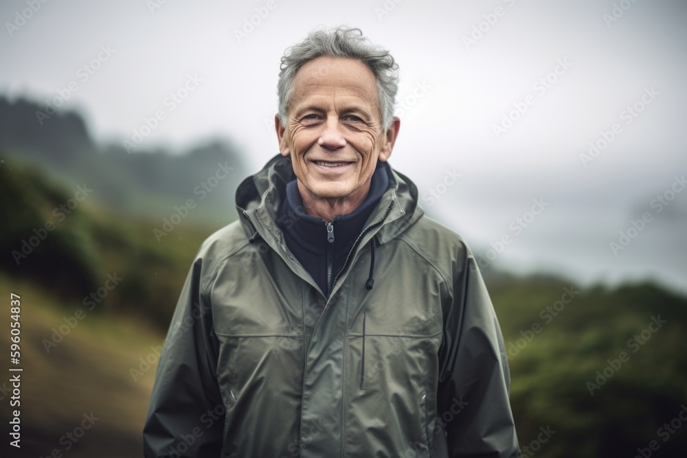Portrait of smiling senior man in raincoat looking at camera outdoors