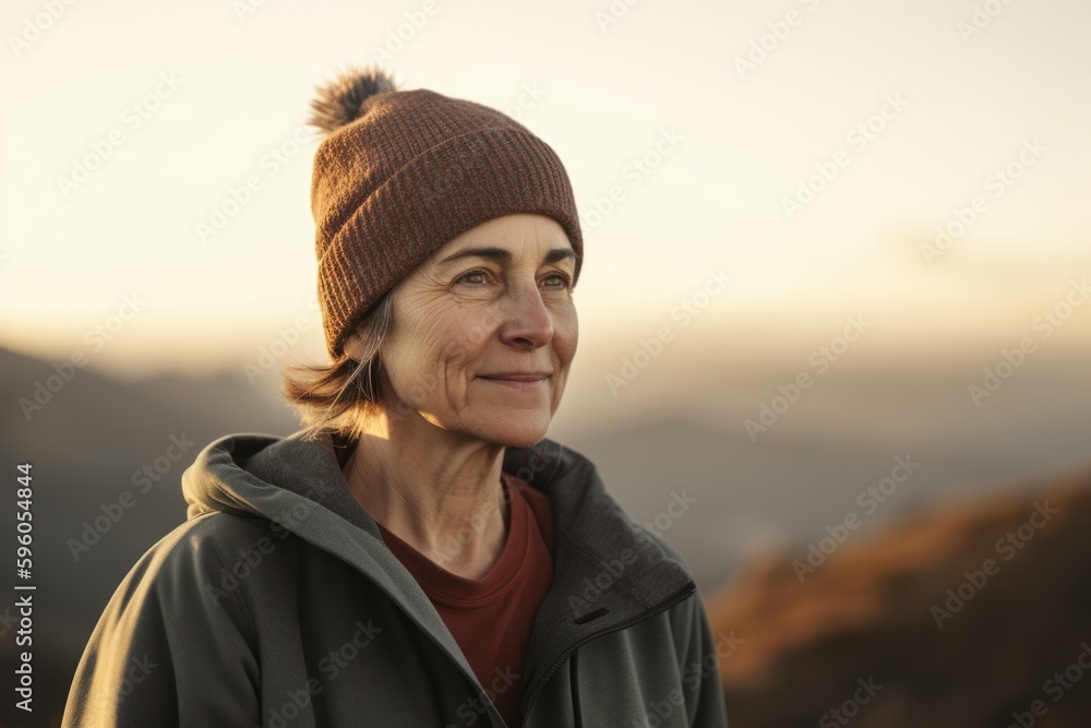 Portrait of a senior woman with hat at sunset in the mountains Portrait of a senior woman with hat at sunset in the mountains