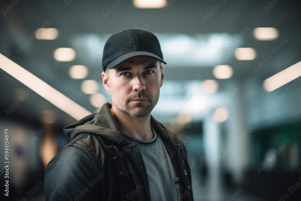 Portrait of a young man in a cap on a background of a corridor Portrait of a young man in a cap on a background of a corridor