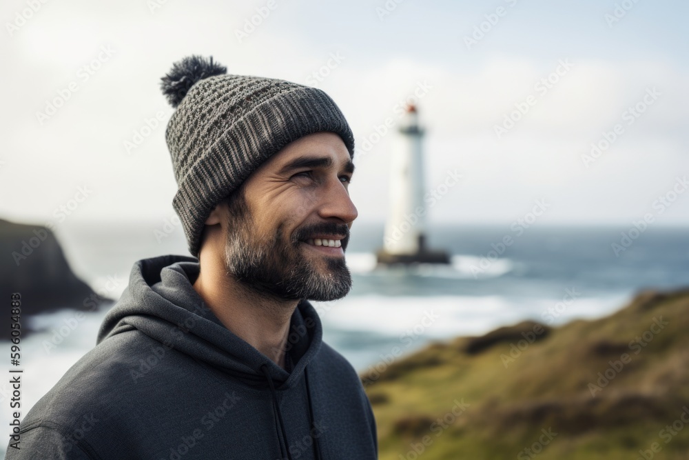 Portrait of a handsome bearded man standing in front of a lighthouse Portrait of a handsome bearded man standing in front of a lighthouse