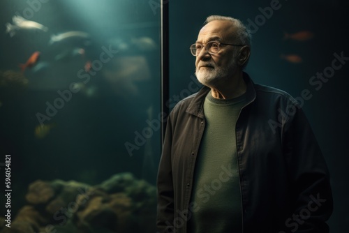 Portrait of an elderly man in front of a large aquarium.