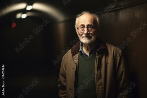 Portrait of an elderly man in a dark tunnel at night.