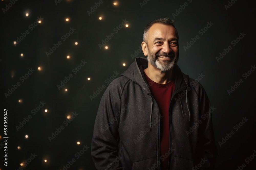 Portrait of a happy senior man in a dark room with lights