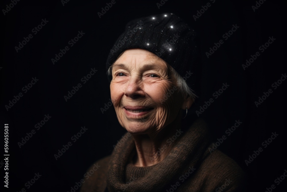 Portrait of an elderly woman in a knitted hat on a black background Portrait of an elderly woman in a knitted hat on a black background