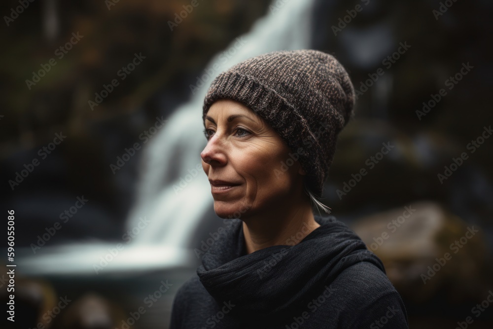 Portrait of a beautiful mature woman in front of a waterfall. Portrait of a beautiful mature woman in front of a waterfall.