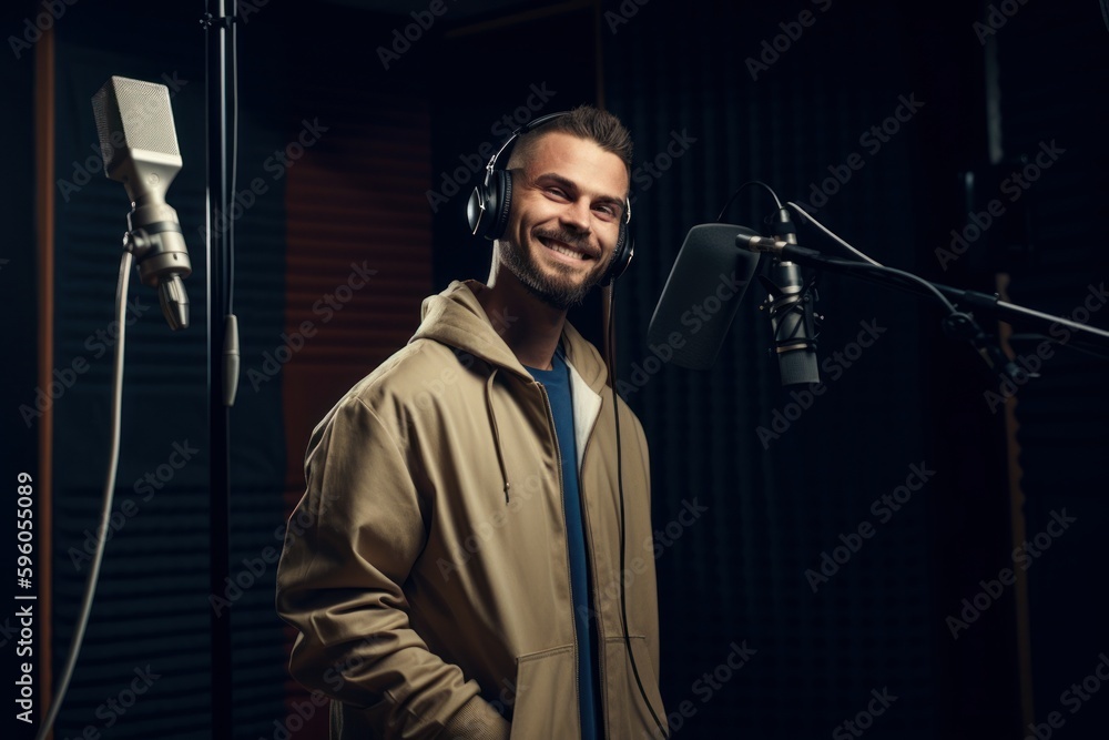 Full-length portrait photography of a pleased man in his 30s wearing a comfortable tracksuit against a recording studio or sound booth background. Generative AI Full-length portrait photography of a pleased man in his 30s wearing a comfortable tracksuit against a recording studio or sound booth background. Generative AI