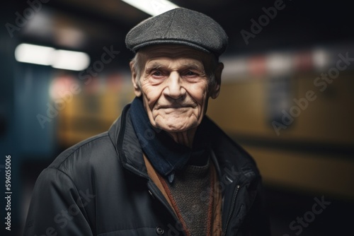 Portrait of an elderly man in a cap and coat in the subway