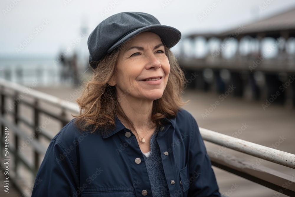 Portrait of a smiling mature woman wearing a cap on the pier