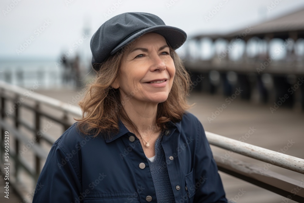 Portrait of a smiling mature woman wearing a cap on the pier Portrait of a smiling mature woman wearing a cap on the pier