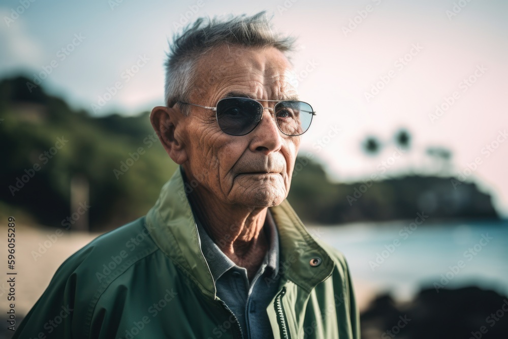 Full-length portrait photography of a satisfied man in his 70s wearing a comfortable tracksuit against a tropical island background. Generative AI Full-length portrait photography of a satisfied man in his 70s wearing a comfortable tracksuit against a tropical island background. Generative AI