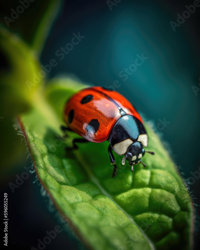 ladybug on green leaf. close up macro photo