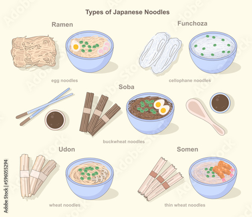 Asian noodles types set. Traditional japanese unprepared food and dishes