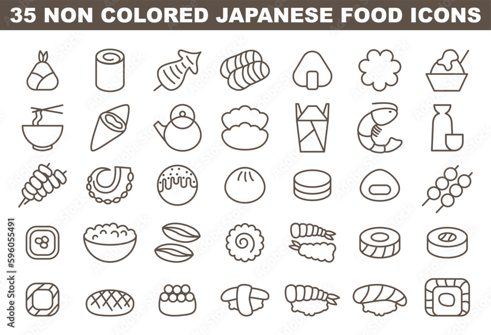 Japanese food icon set. Simple black and white symbols of asian