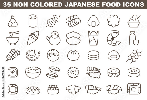 Japanese food icon set. Simple black and white symbols of asian