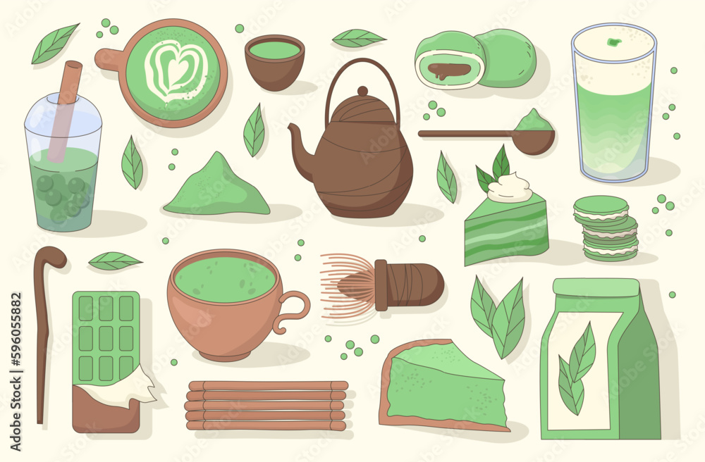 Matcha food set. Delicious sweets and drinks with green tea powder ingredient Matcha food set. Delicious sweets and drinks with green tea powder ingredient