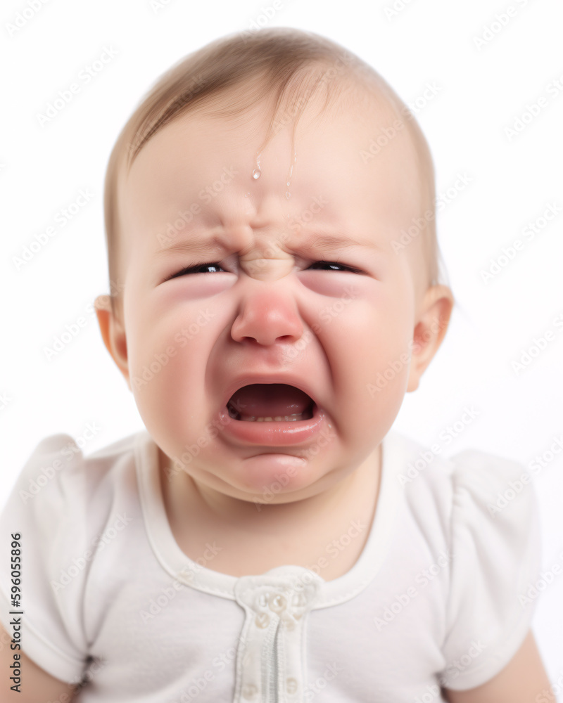 Overwhelming Emotion: Portrait of a Tearful Baby on White Background