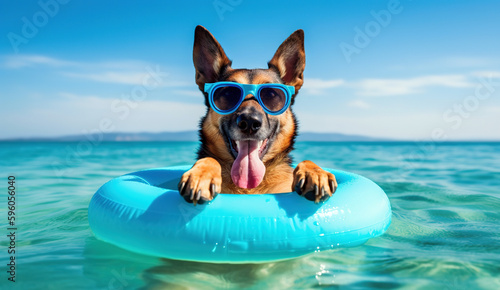 happy dog with sunglasses and floating ring , generative ai