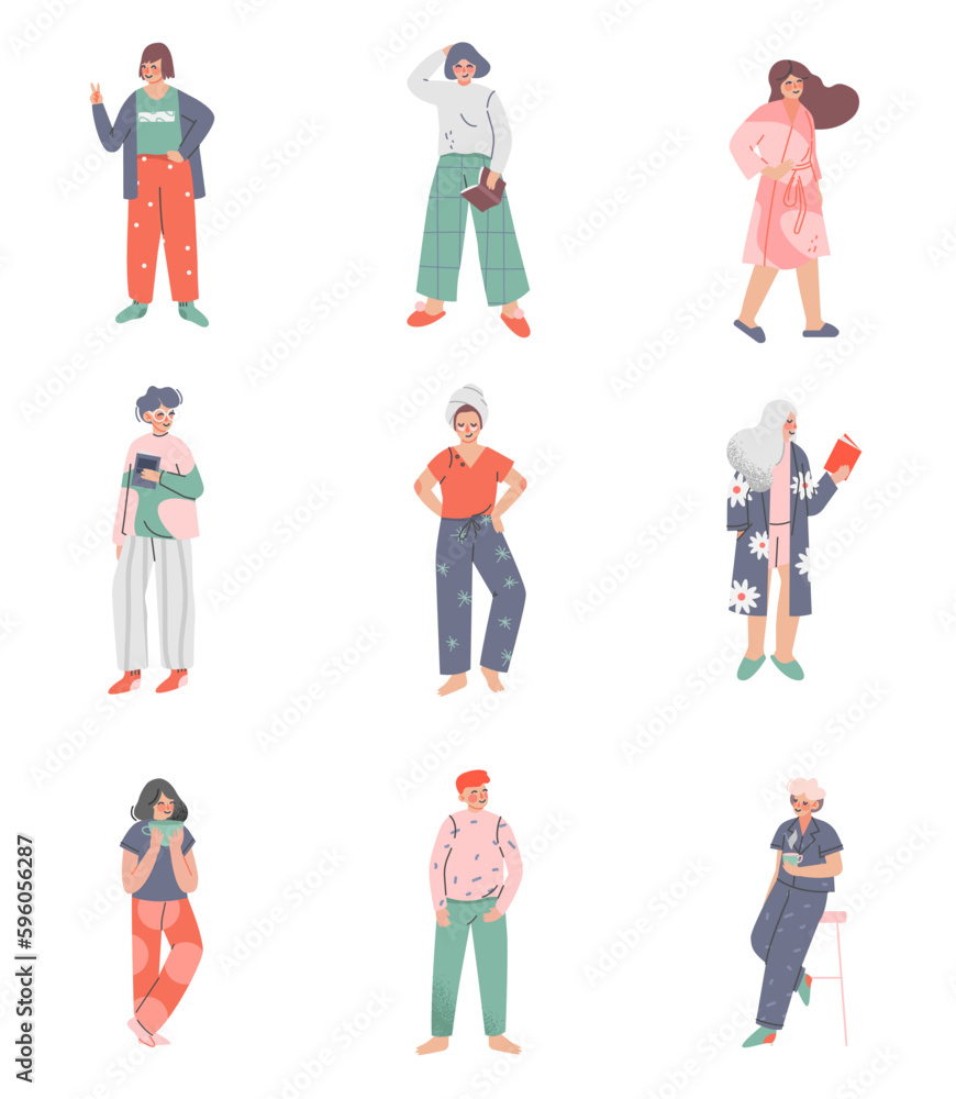 Relaxed people in cozy home clothes set. Cheerful people in comfy nightwear cartoon vector illustration
