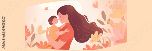 Illustration of mother with her little child, flower in the background, Concept of mothers day, mothers love, relationships between mother and child, Banner template, generative AI