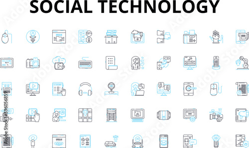 Social technology linear icons set. Nerking, Collaborative, Communication, Interaction, Sharing, Cybersecurity, Accessibility vector symbols and line concept signs. Digital,Online,Connectivity