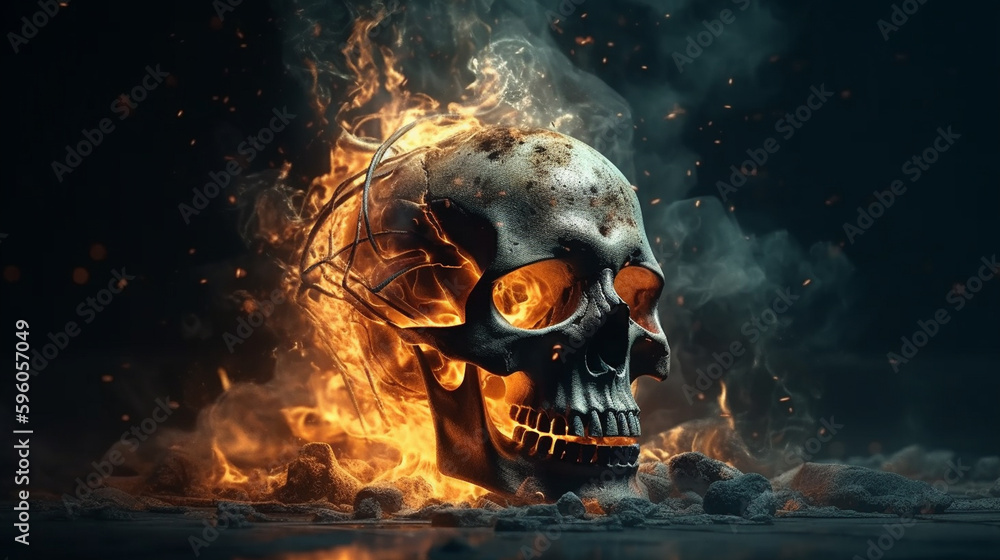 Human skull burning in fire, halloween concept.generative ai Human skull burning in fire, halloween concept.generative ai